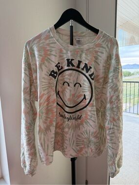SmileyWorld 'Be Kind' Tie-Dye Crewneck Sweater - Pastel Pink & Sage